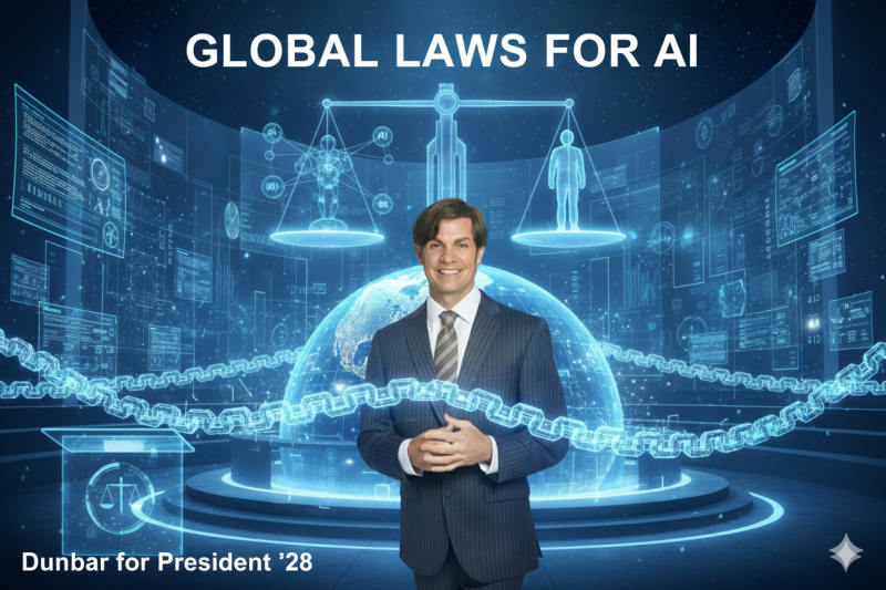 Presidential candidate Dustin Dunbar wearing a suit and tie under the headline, "Global Laws for AI."